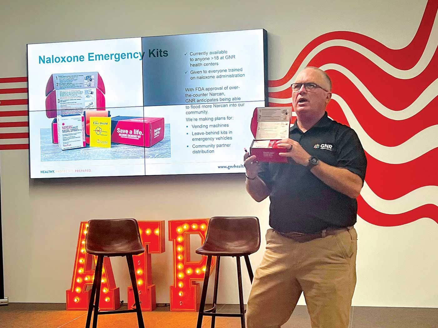 Tom Branch, opioid surveillance and prevention specialist for Gwinnett Newton Rockdale Public Health, shows the components of the Narcan kits available to the public to help prevent opioid overdoses.
