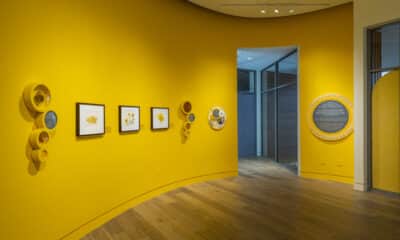 Museum display of framed pieces on a yellow wall