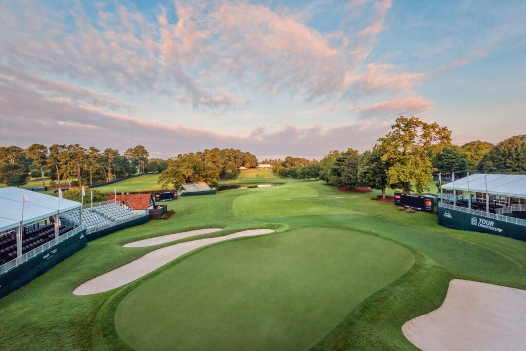 Overhead shot of a golf course and stands