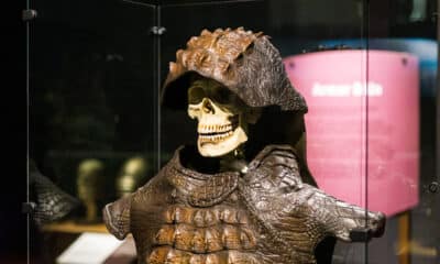 skeleton wearing helmet and armor on display at a museum