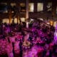 Group of people gathered in a natural history museum at night for a fundraising gala