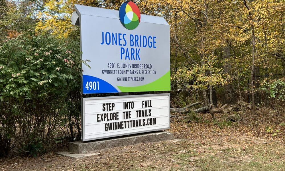 Entrance sign for Jones Bridge Park in Gwinnett County, GA