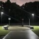 Elegant solar lights along a city walking path