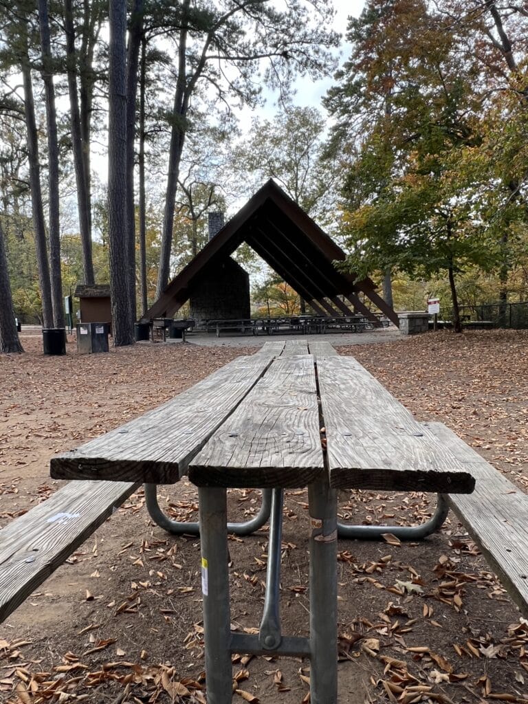 Picnic table at Jones Bridge Park with the pavilion in the background