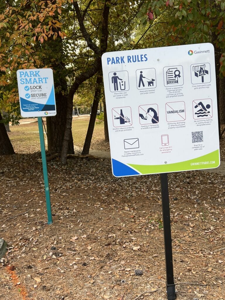 Signs of the park rules at Jones Bridge Park in Gwinnett County