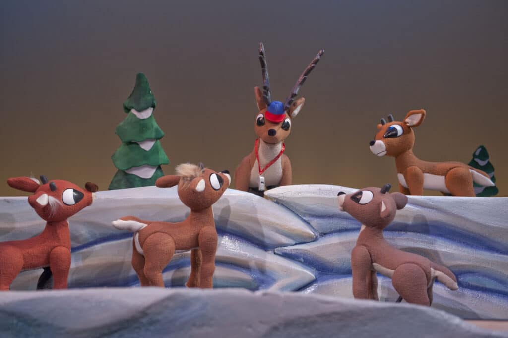 Puppets of Comet and young reindeer from the Rudolph production at Center for Puppetry Arts