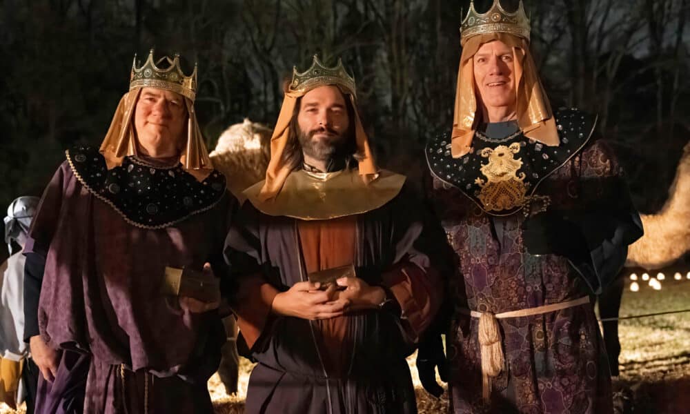 Three men dressed as the three wise men at a holiday Walk Through Bethlehem event