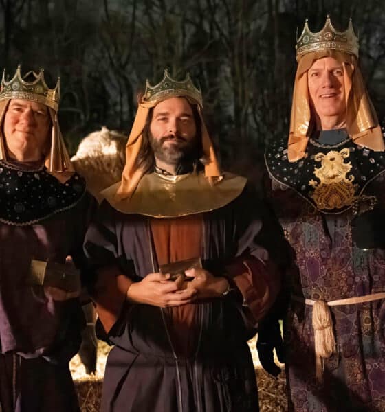 Three men dressed as the three wise men at a holiday Walk Through Bethlehem event