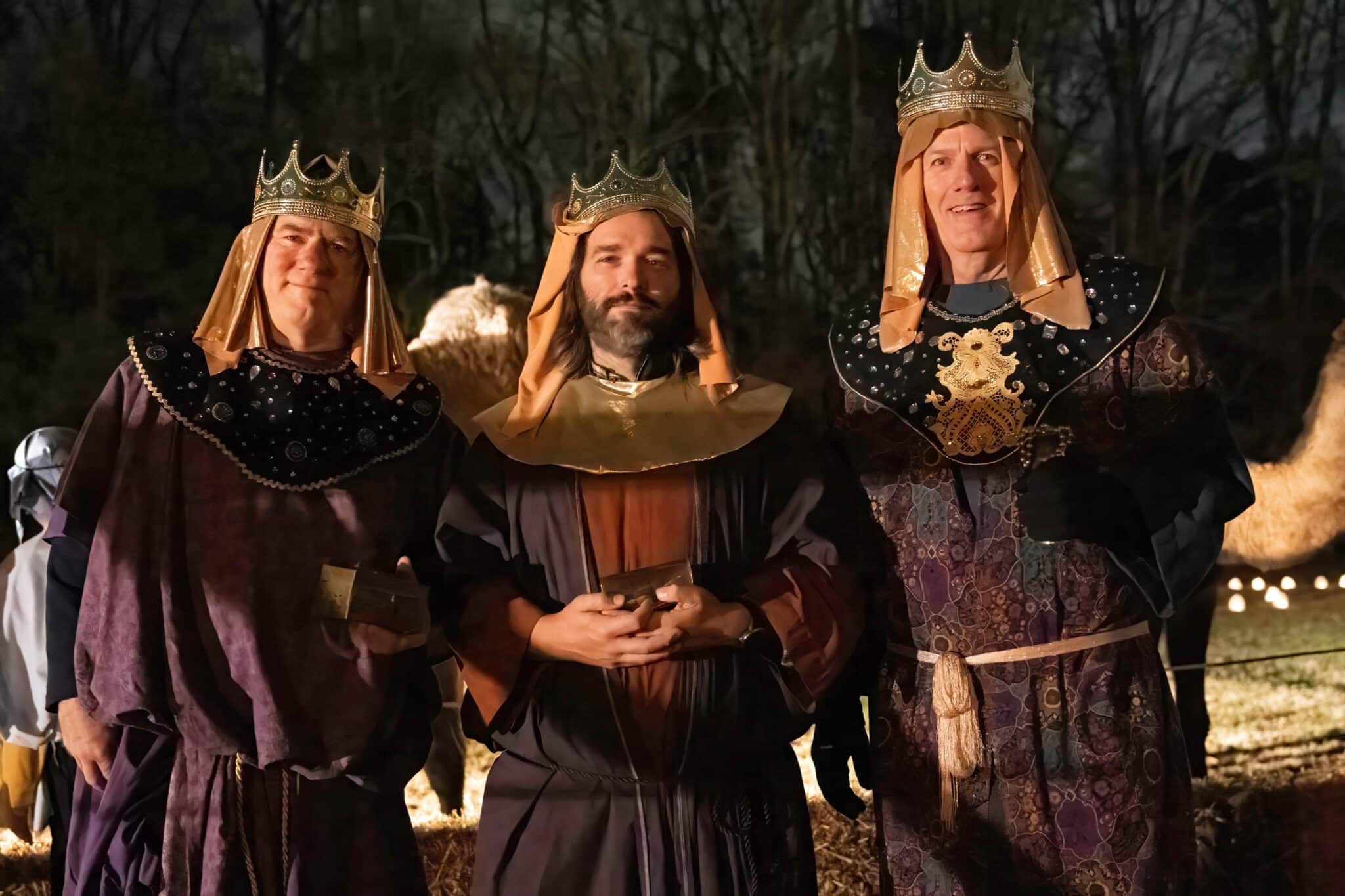 Three men dressed as the three wise men at a holiday Walk Through Bethlehem event