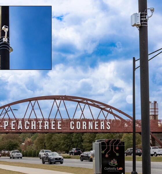 Technology with lights and camera to monitor traffic near the pedestrian bridge in Peachtree Corners