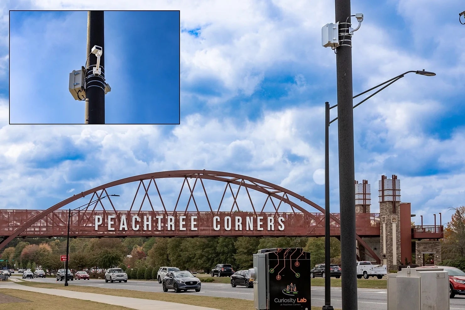 Technology with lights and camera to monitor traffic near the pedestrian bridge in Peachtree Corners