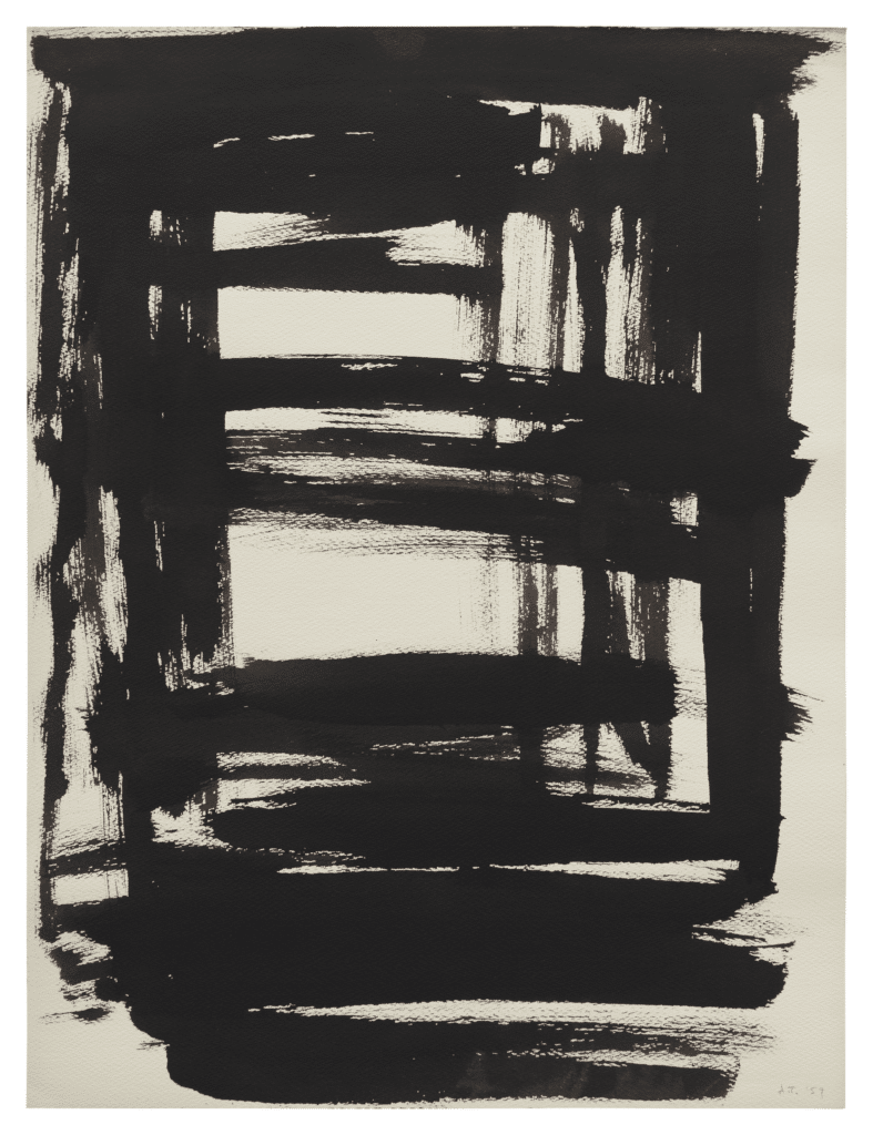 Ink drawing by Anne Truitt, rectangular lines and shapes made with black ink on off-white background