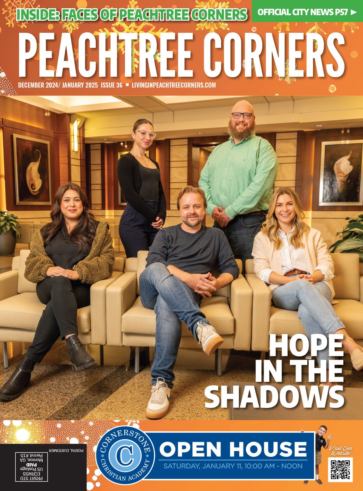 Peachtree Corners Magazine cover featuring a team of attorneys, casually dressed, in the law firm's reception area.