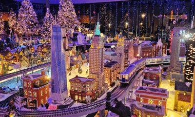 Detailed model train village display, lit up for the holidays