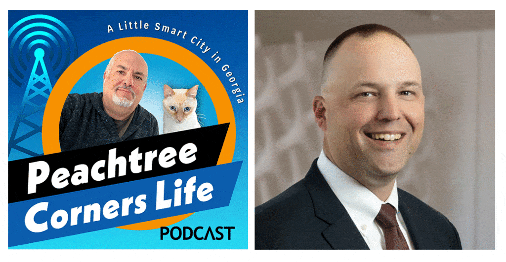 Shaun Adams and logo image for Peachtree Corners Life podcast