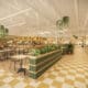 Spacious food hall with gold, white and green accents, high ceilings and checkerboard floor.