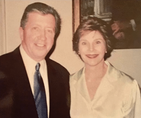 Reprinted photo of Jim Gaffey and former first lady Laura Bush