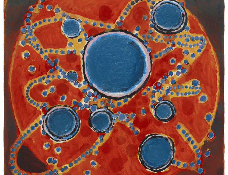 Oil on paper artwork by Terry Winters. A large red circle with smaller blue circles on top of it and gold/yellow accents. All of it on a dark brown background.