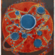 Oil on paper artwork by Terry Winters. A large red circle with smaller blue circles on top of it and gold/yellow accents. All of it on a dark brown background.