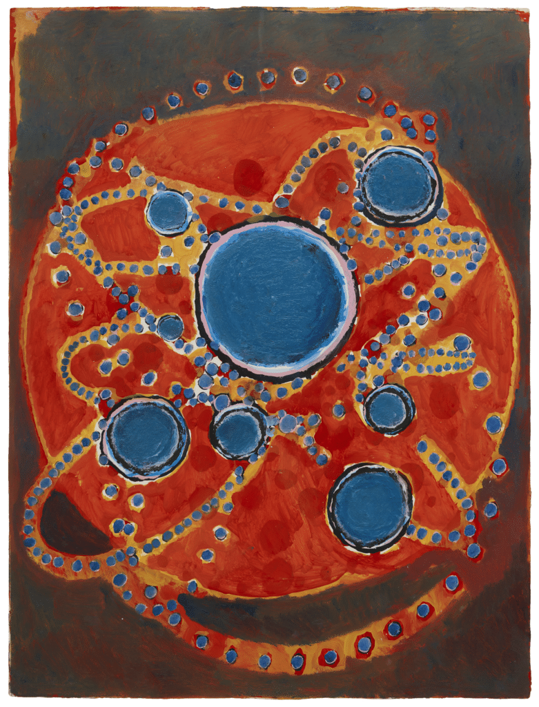 Oil on paper artwork by Terry Winters. A large red circle with smaller blue circles on top of it and gold/yellow accents. All of it on a dark brown background.