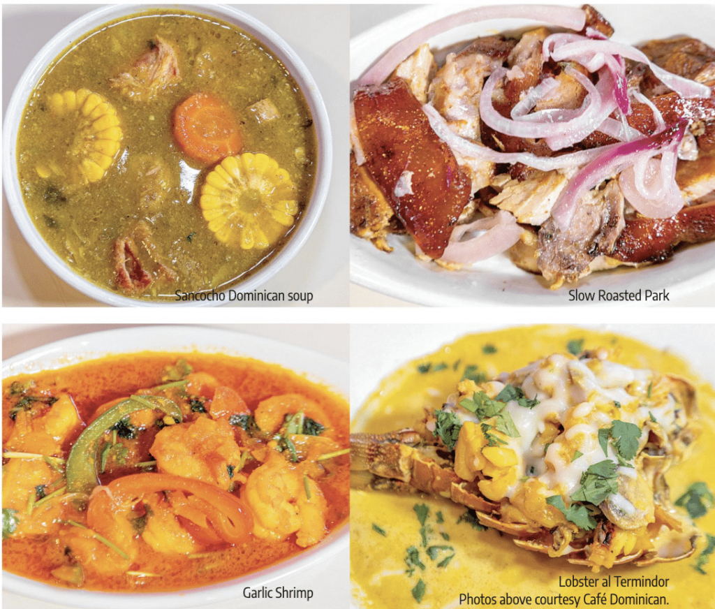 Four different dishes from Cafe Dominican in Norcross, GA. Seafood soup, roasted pork, stew and obster al thermador