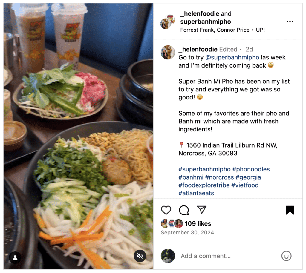 screenshot of an IG influencer's review of a pho restaurant.