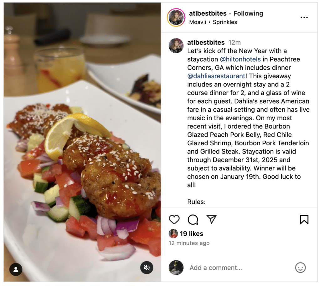 Screenshoot of an IG influencer's food review and photo for Dahlia's in Peachtree Corners