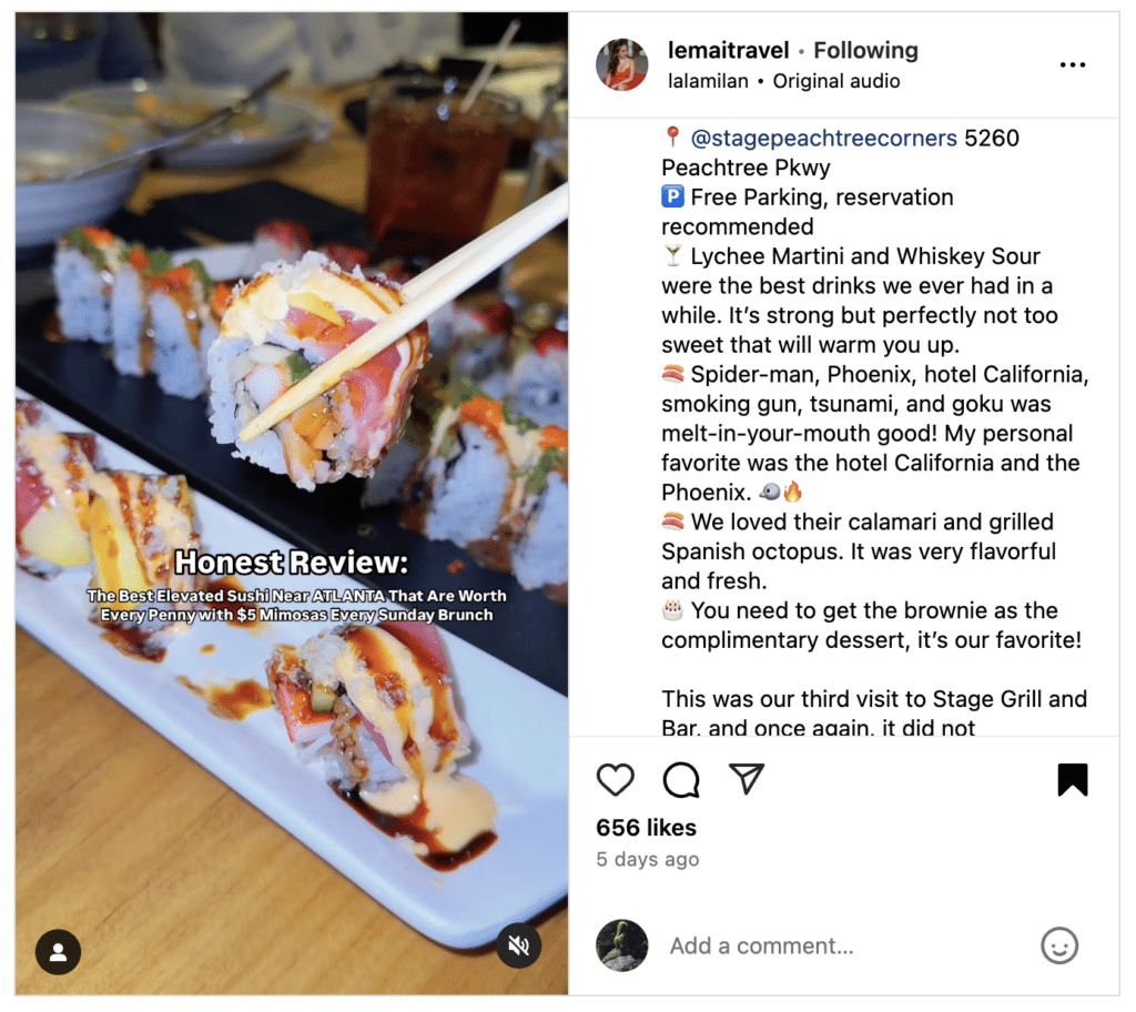 IG influencer review with photo of sushi restaurant in Peachtree Corners