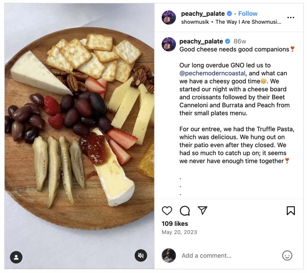 Foodie influencer IG post with photo and review of a cheese board.