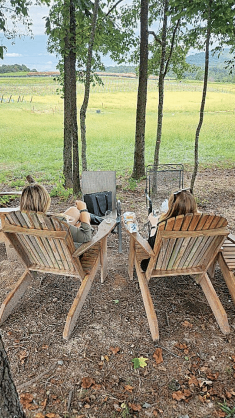 Two women sitting in wooden outdoor chairs beneath a few shade trees with their backs to the camera. They're looking out over an open lawn, holding glasses of wine.