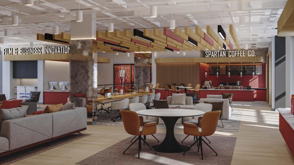 A rendering of a high school hang out space. It's modern with round white tables and sleek brown chairs, a coffee shop and rows of lighting on the ceiling.