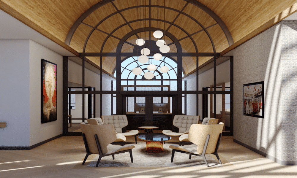 Rendered image of a seating area with high ceilings, white side chairs, an arched glass and metal framed entrance and art on the walls.