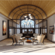 Rendered image of a seating area with high ceilings, white side chairs, an arched glass and metal framed entrance and art on the walls.