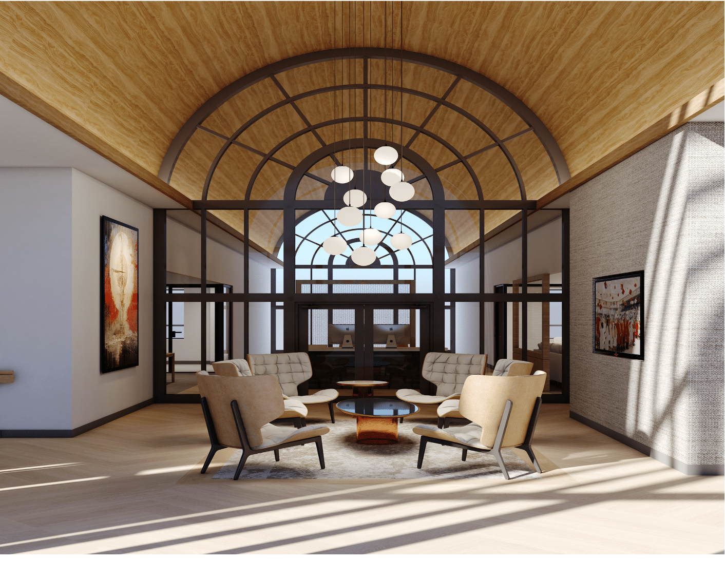 Rendered image of a seating area with high ceilings, white side chairs, an arched glass and metal framed entrance and art on the walls.