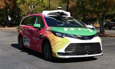 self-driving, multi-colored vehicle from May Mobility in service in Peachtree Corners, GA