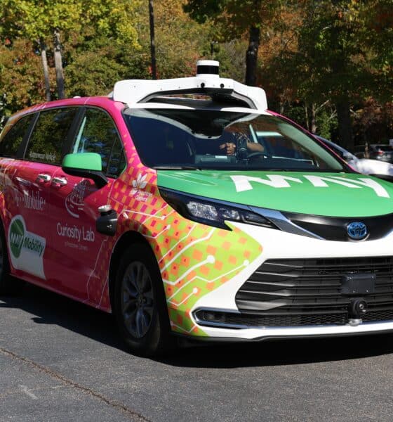 self-driving, multi-colored vehicle from May Mobility in service in Peachtree Corners, GA