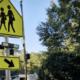 Pedestrian Crossing and One Way signs in a suburban neighborhood. There are power lines overhead and trees in the background.