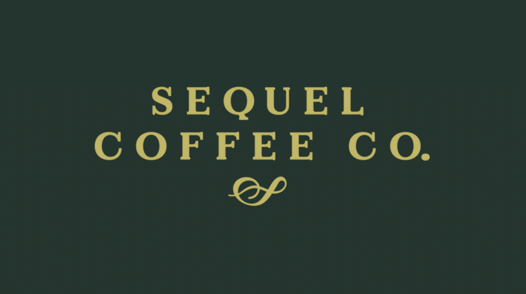 Sequel Coffee Co. logo in gold type on dark green background