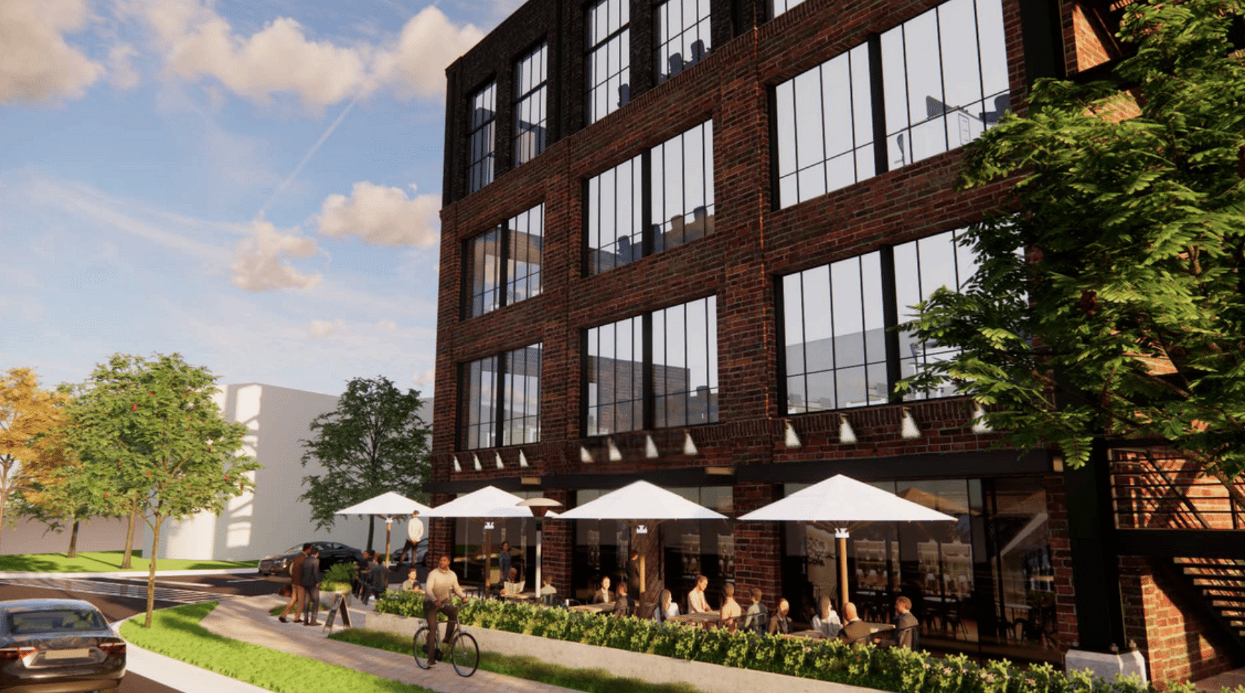 Rendering of a three story building with outdoor cafe tables and umbrellas along the side of it.