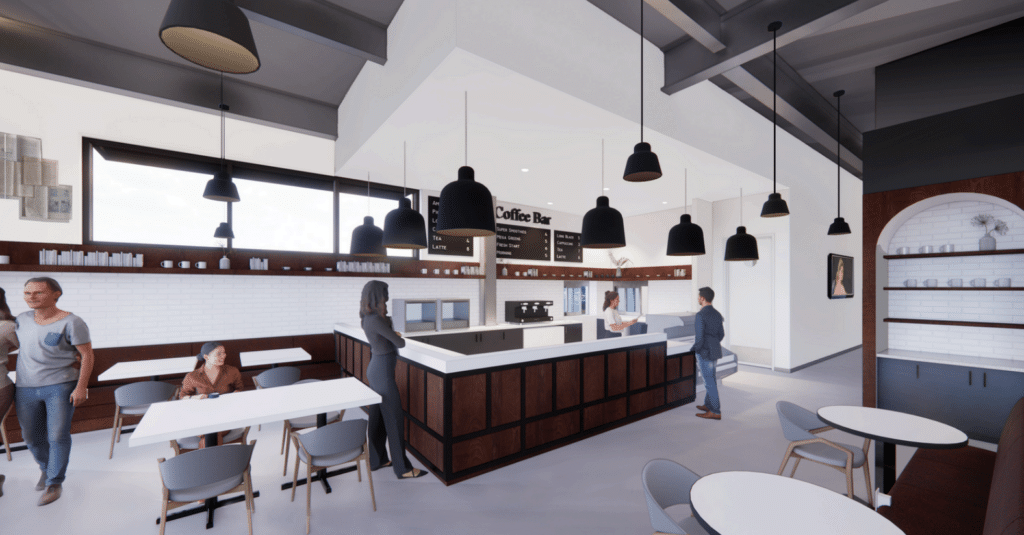 Rendering of the interior of a coffee shop, with dark wood and white counters and tables and a sleek, modern design.