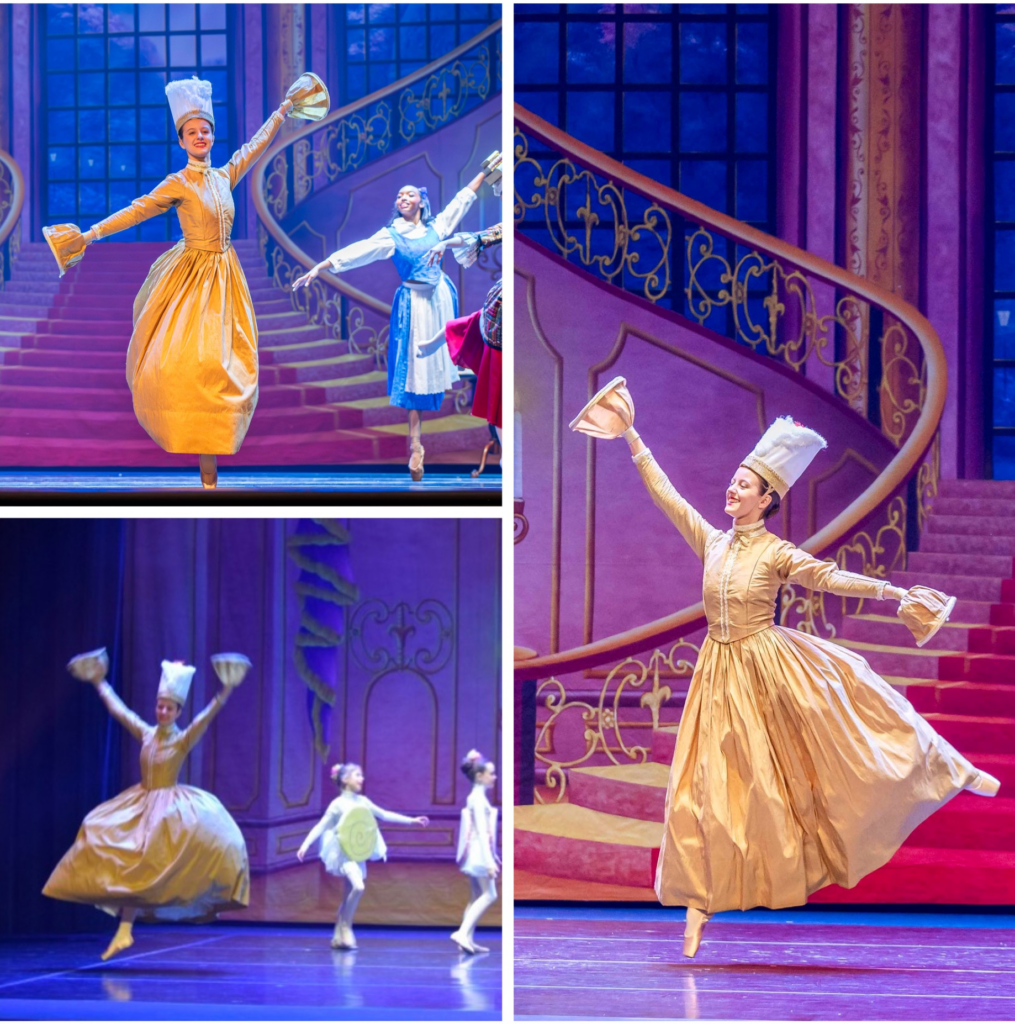 A high school aged ballerina on stage as Lumiere in a production of Beauty and the Beast