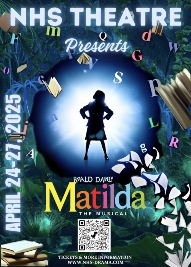 Poster for a high school production of Matilda the Musical with dates, graphics and QR code.