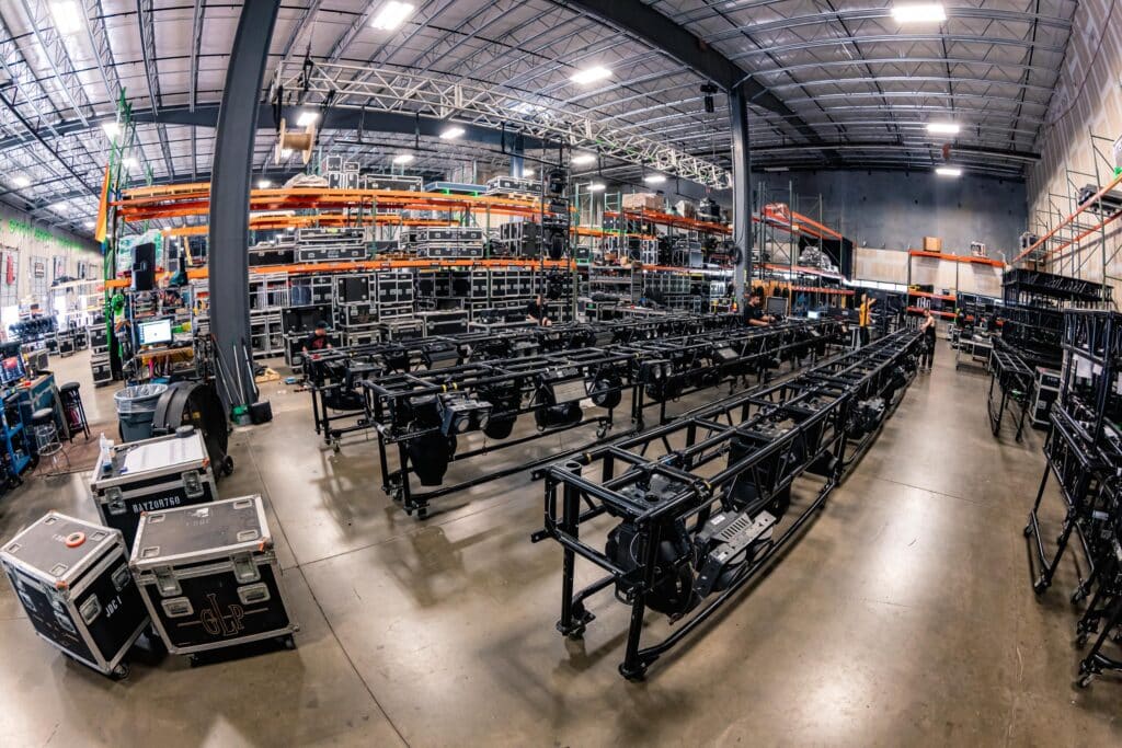 Large warehouse space full of audio/visual equipment