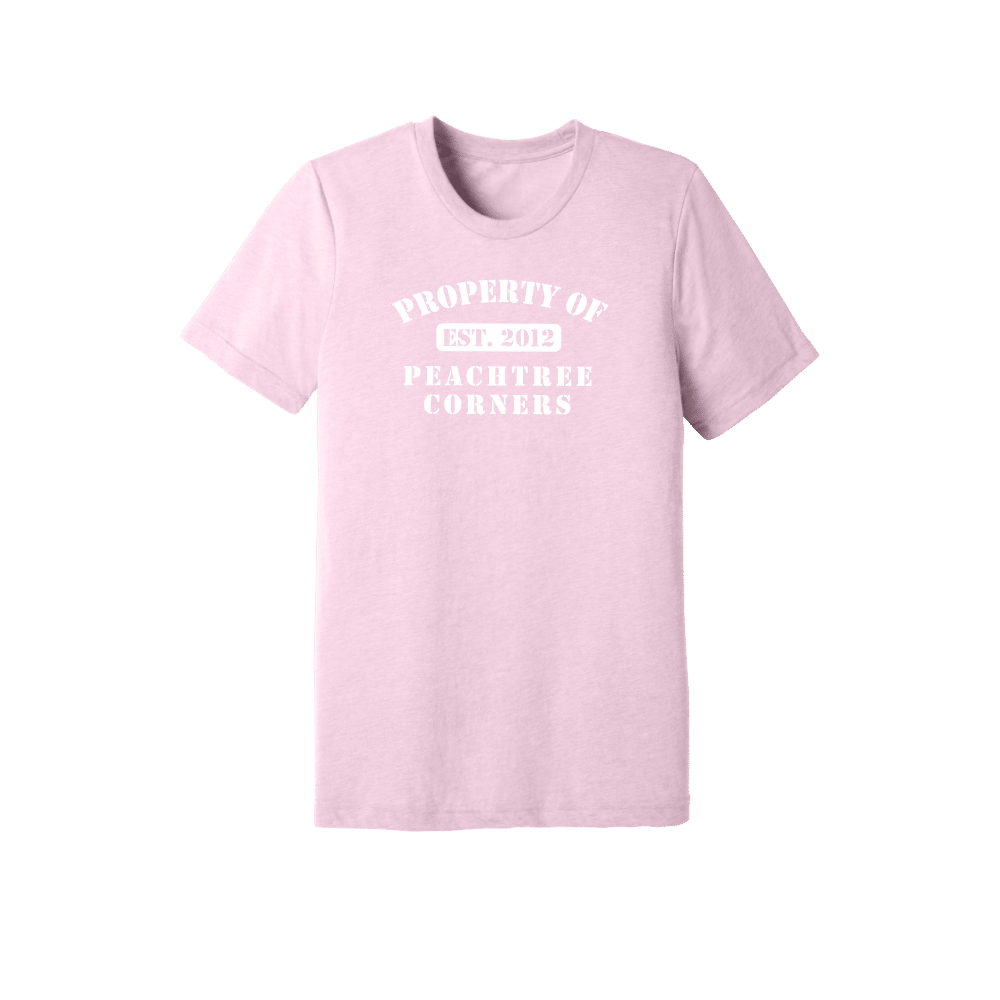 Pink t-shirt with Property of Peachtree Corners in white lettering