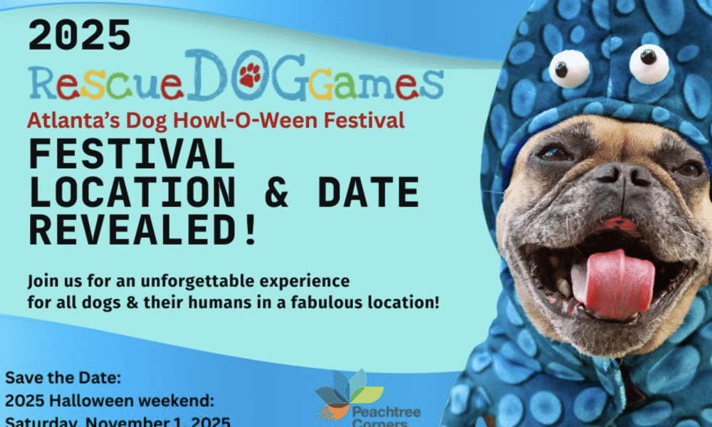 Flyer for Rescue Dog Games Halloween Festival in Peachtree Corners on November 1, 2025. There's a pug dog wearing a blue alien costume with googly eyes along with the festival information on a multi-colored blue background.