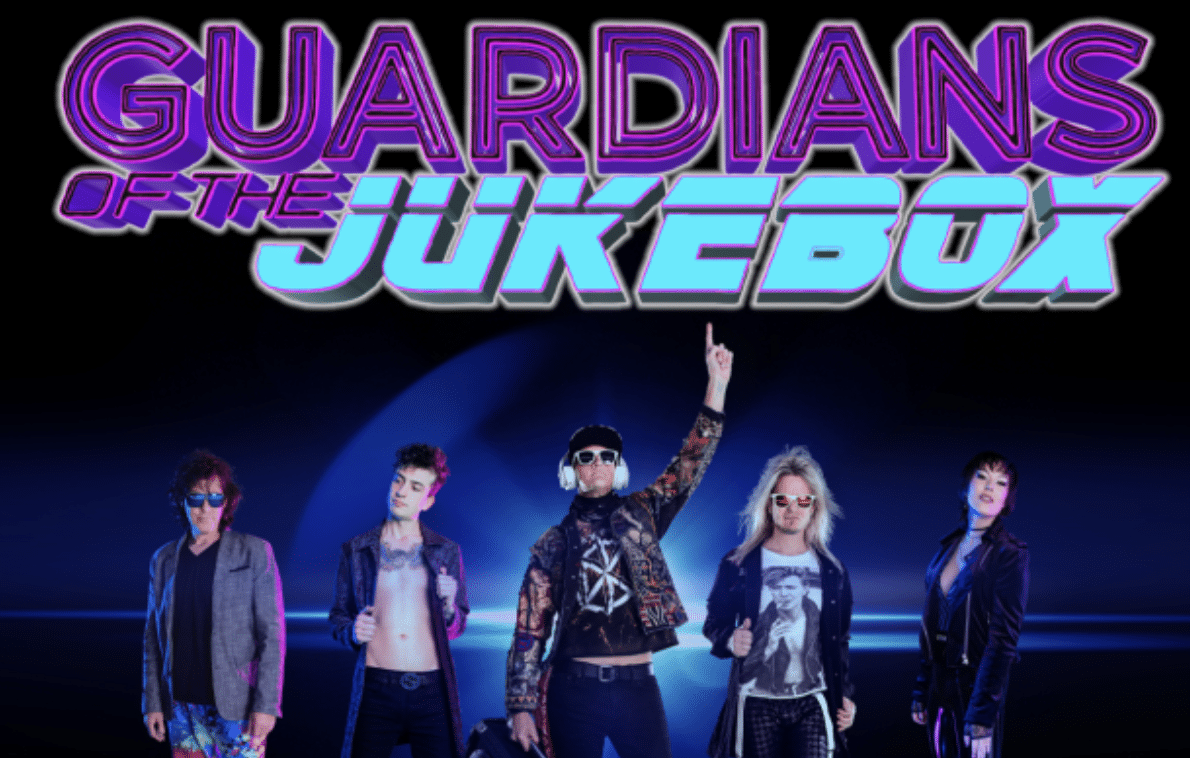 Guardians of the Jukebox 80s cover band in costume on stage with their 80s-style logo above them.