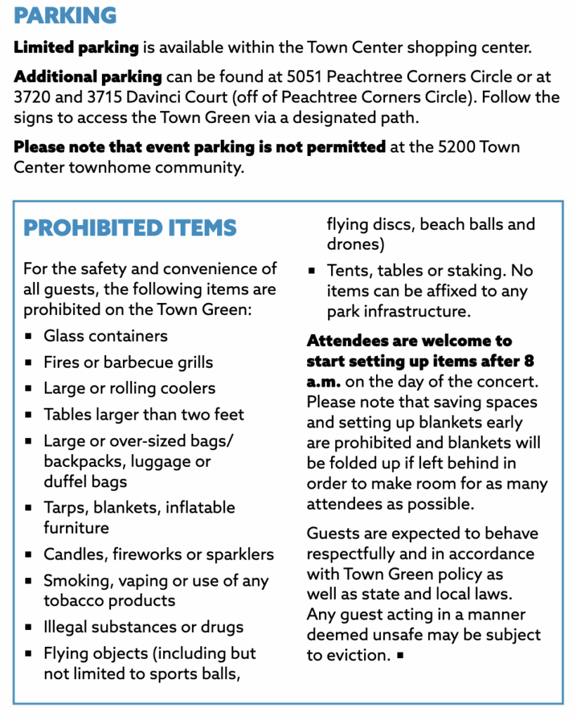 Parking details and prohibited items list for the Peachtree Corners Summer Concert Series