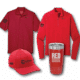 Two red shirts, a red cap and a red tumbler with RED Remember Everyone Deployed on it in white text, all against a white background