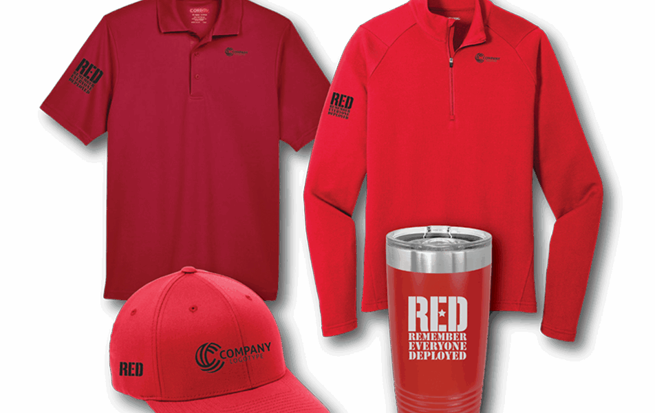 Two red shirts, a red cap and a red tumbler with RED Remember Everyone Deployed on it in white text, all against a white background