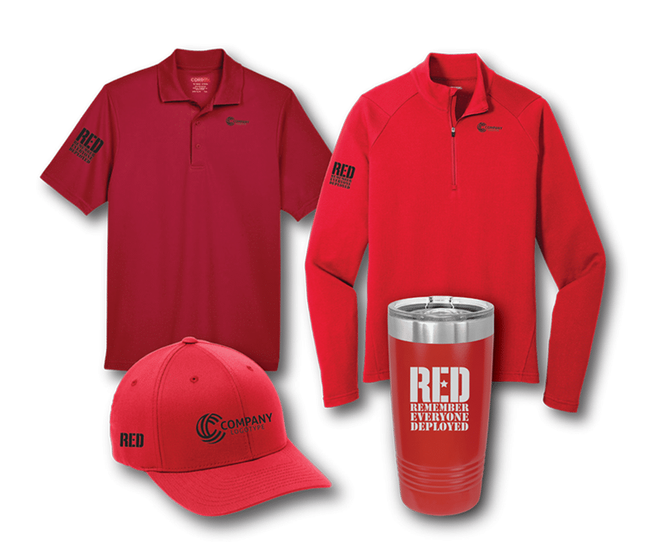 Two red shirts, a red cap and a red tumbler with RED Remember Everyone Deployed on it in white text, all against a white background
